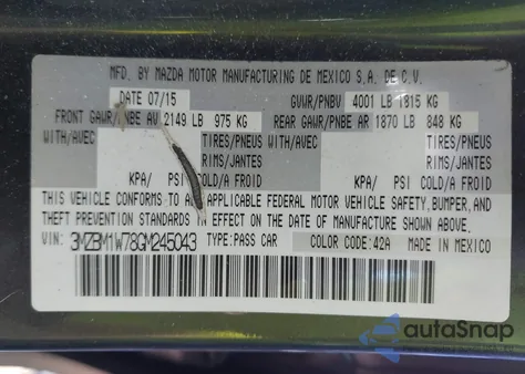 2016 Mazda Mazda3 I Touring z USA, uszkodzony, nr VIN 3MZBM1W78GM245043